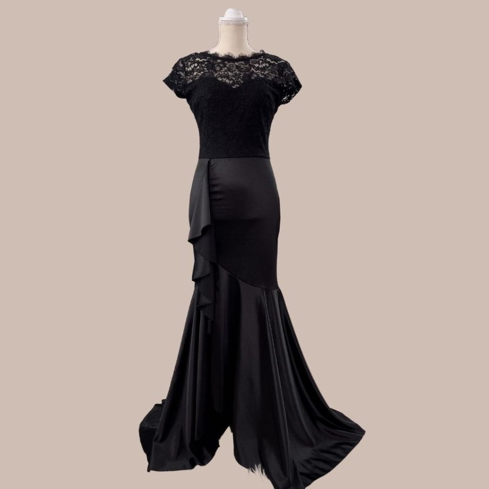 Long black satin & lace evening gown